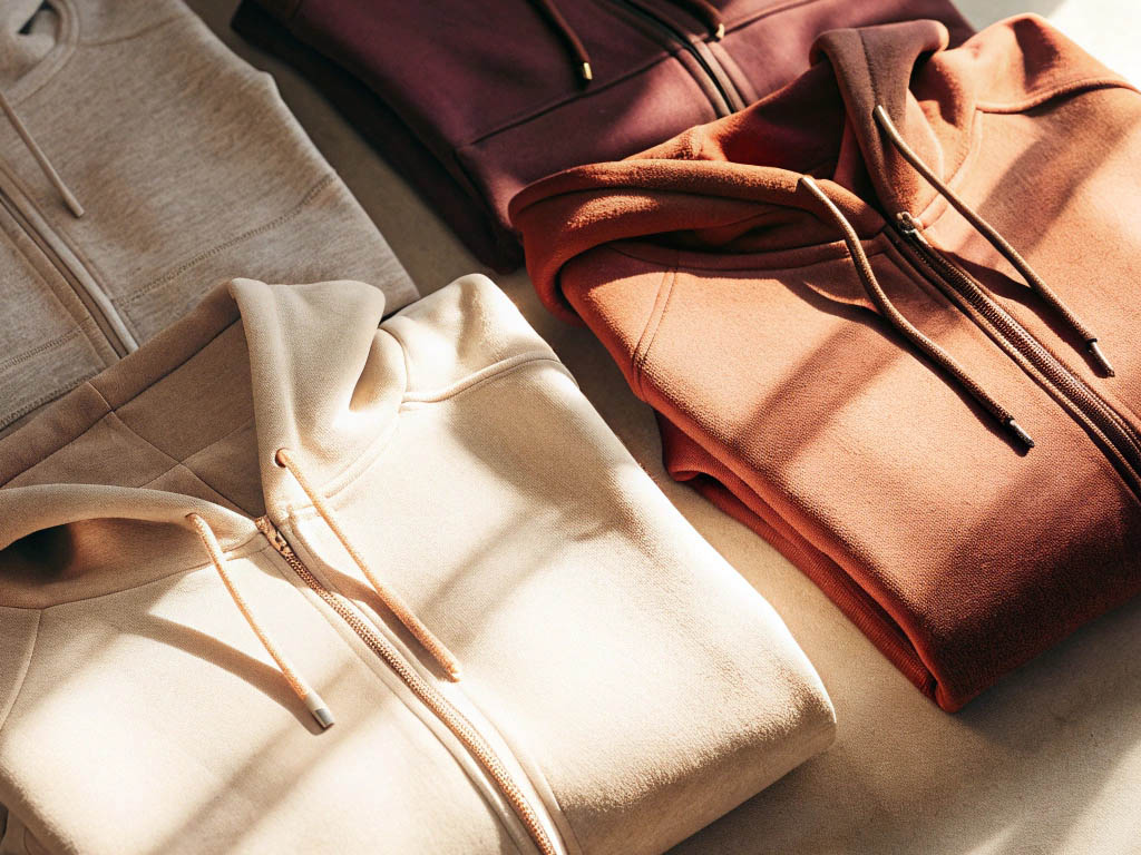 Folded hoodies in warm, earthy tones under natural light.