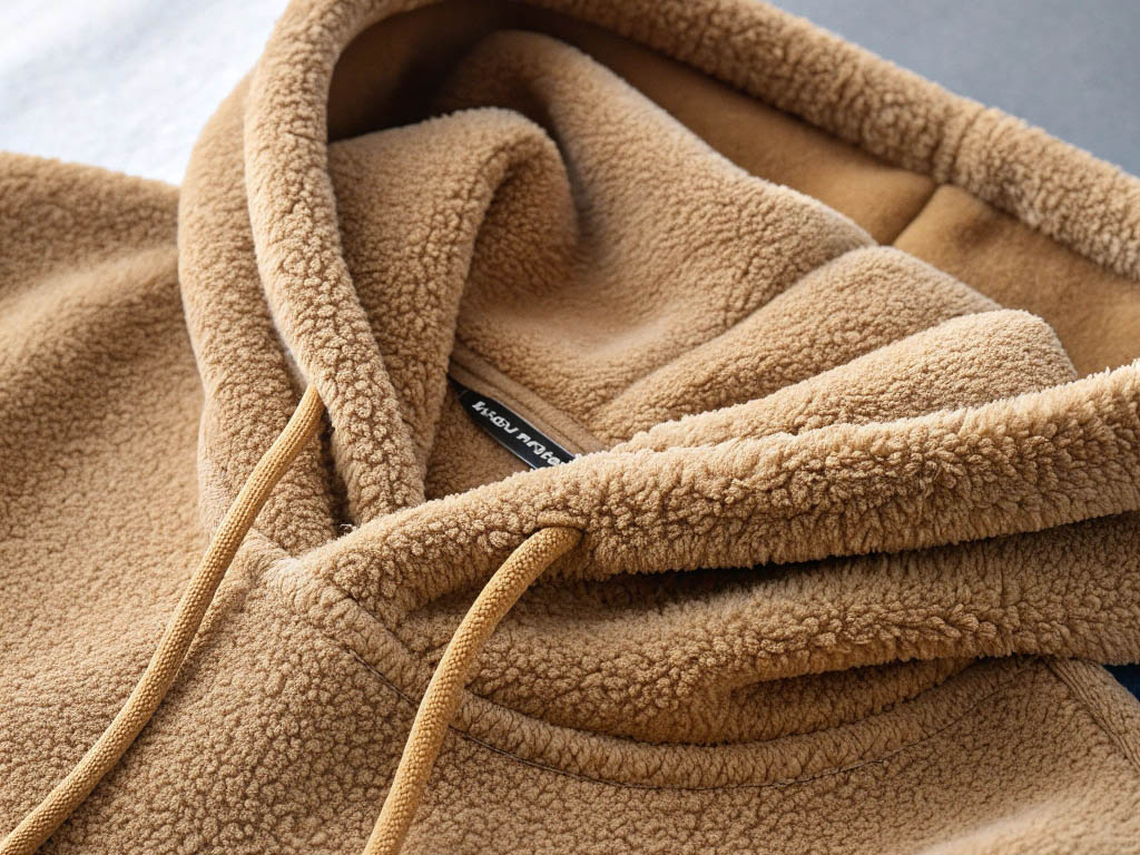 Close-up of a tan sherpa hoodie with soft, plush texture and matching drawstrings.