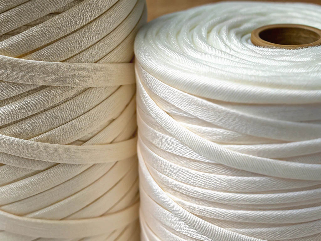 Close-up of two rolls of fabric ribbon in cream and white, tightly wound with a smooth texture.