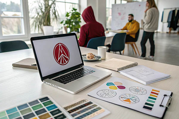 A laptop with a red logo, color swatches, and design sketches on a table during a creative team meeting.