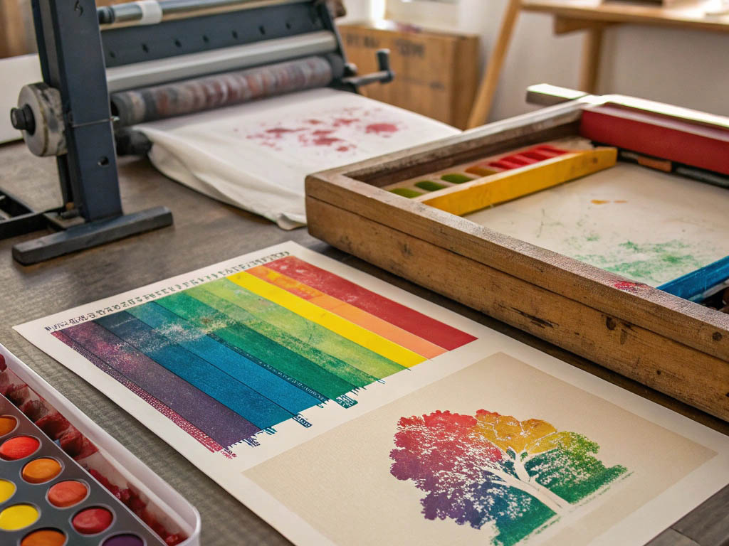 Colorful prints and printing tools in an artistic workspace.