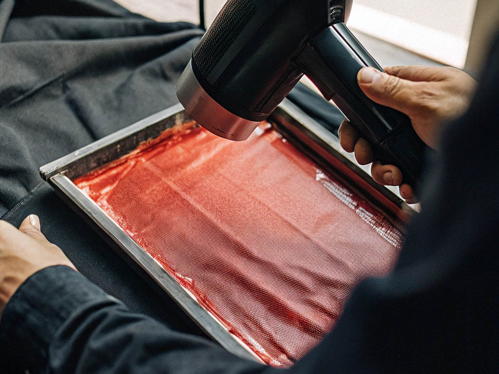 Person using a heat gun to dry red screen print ink.