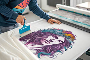 Person applying colorful graphic design on a white shirt.