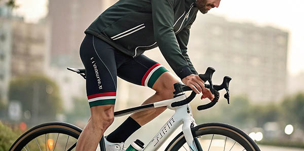 Man wearing cycling shorts and jacket riding a road bike in the city.