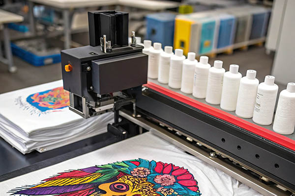 A direct-to-garment printer applying a vibrant design on a white T-shirt, with ink bottles nearby.