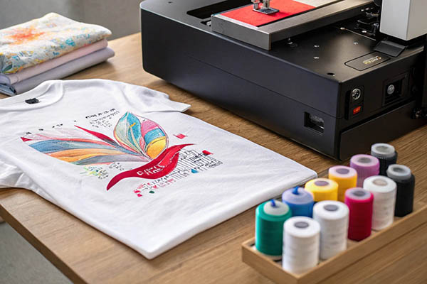 A white T-shirt with a vibrant design, next to a direct-to-garment printer and colorful spools of thread arranged on a wooden surface.