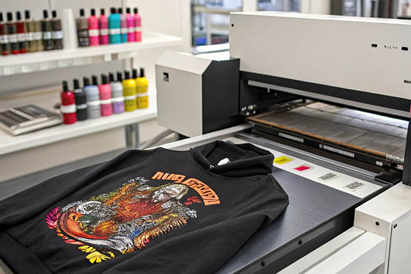 A direct-to-garment printer printing a vibrant design on a black hoodie, with colorful ink bottles on shelves in the background.