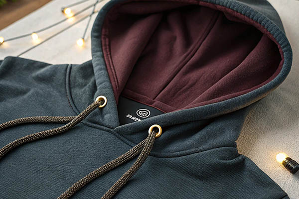 A dark green hoodie with maroon lining and brown drawstrings, surrounded by decorative string lights.