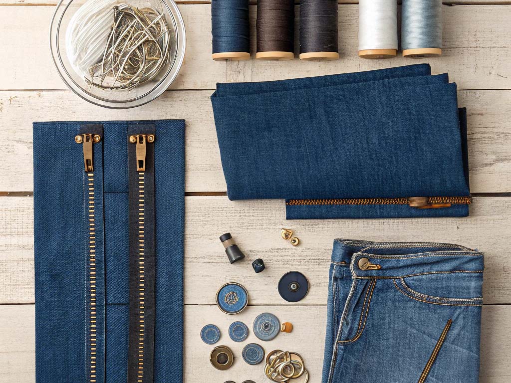 Blue denim fabric, jeans, zippers, spools of thread, buttons, and sewing accessories neatly arranged on a wooden surface.