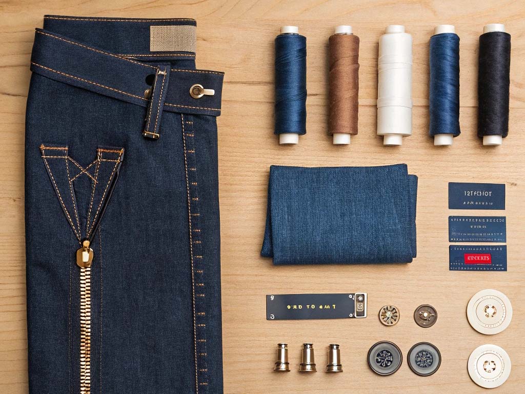 Folded denim pants, fabric, spools of thread, buttons, labels, and sewing accessories neatly arranged on a wooden surface.