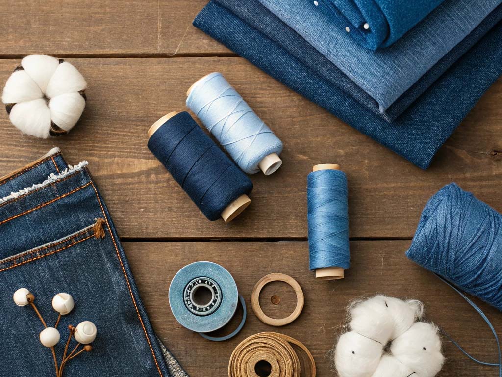 Denim fabric, spools of blue thread, cotton bolls, and sewing accessories arranged on a wooden surface.