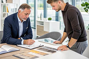 Two designers discussing fabric swatches and sketches at a desk.