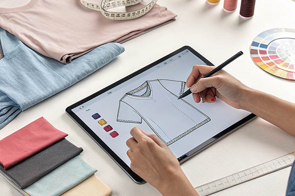 A designer sketching a t-shirt on a tablet, surrounded by fabric samples, a color palette, and sewing materials.
