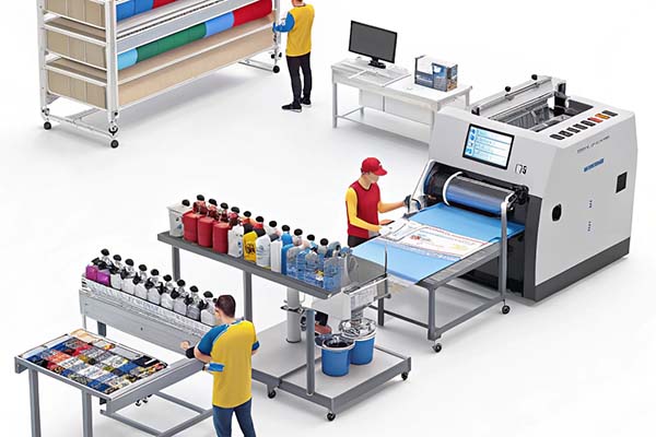 3D-rendered illustration of a digital textile printing setup with workers handling fabric, ink, and a large printing machine.