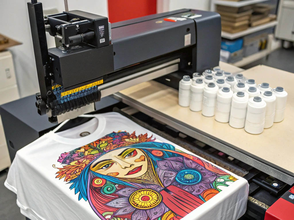 A direct-to-garment printer printing a colorful artistic design on a white T-shirt in a workshop.
