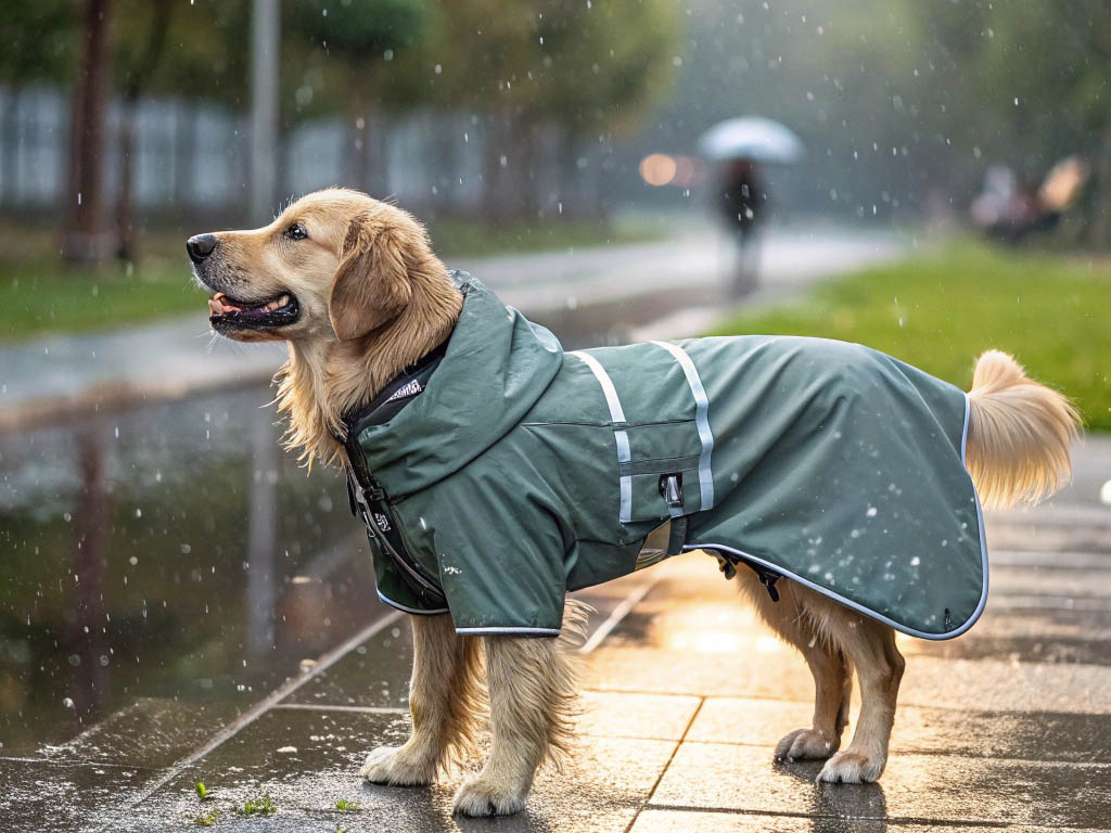 A golden retriever wearing a green raincoat with reflective stripes, standing in the rain on a wet sidewalk.