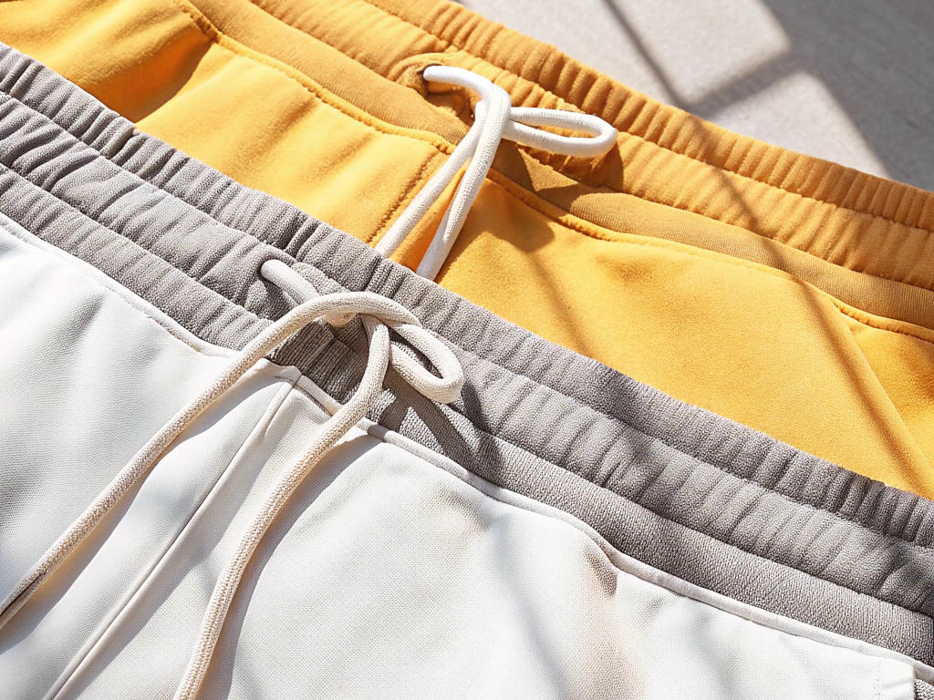 Close-up of yellow, gray, and white drawstring shorts.