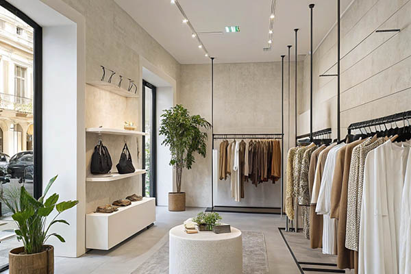 Modern boutique with neutral-toned apparel and minimalist decor.
