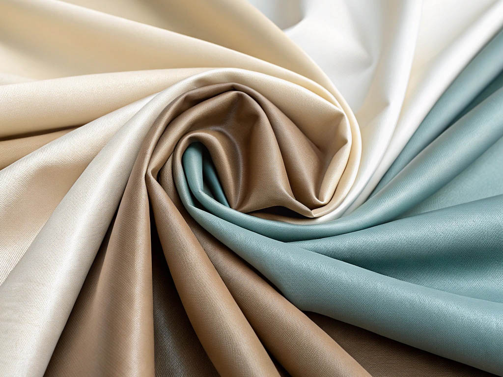 Soft, silky fabrics in beige, cream, and blue, arranged in a spiral pattern.
