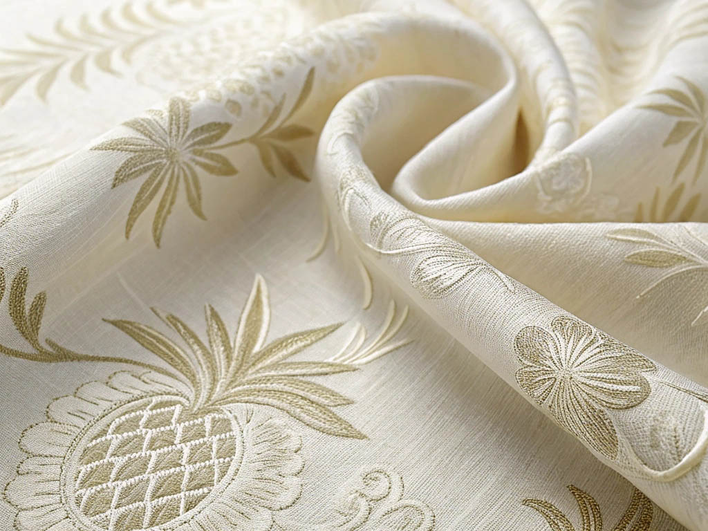 Beige jacquard fabric with floral and pineapple patterns.