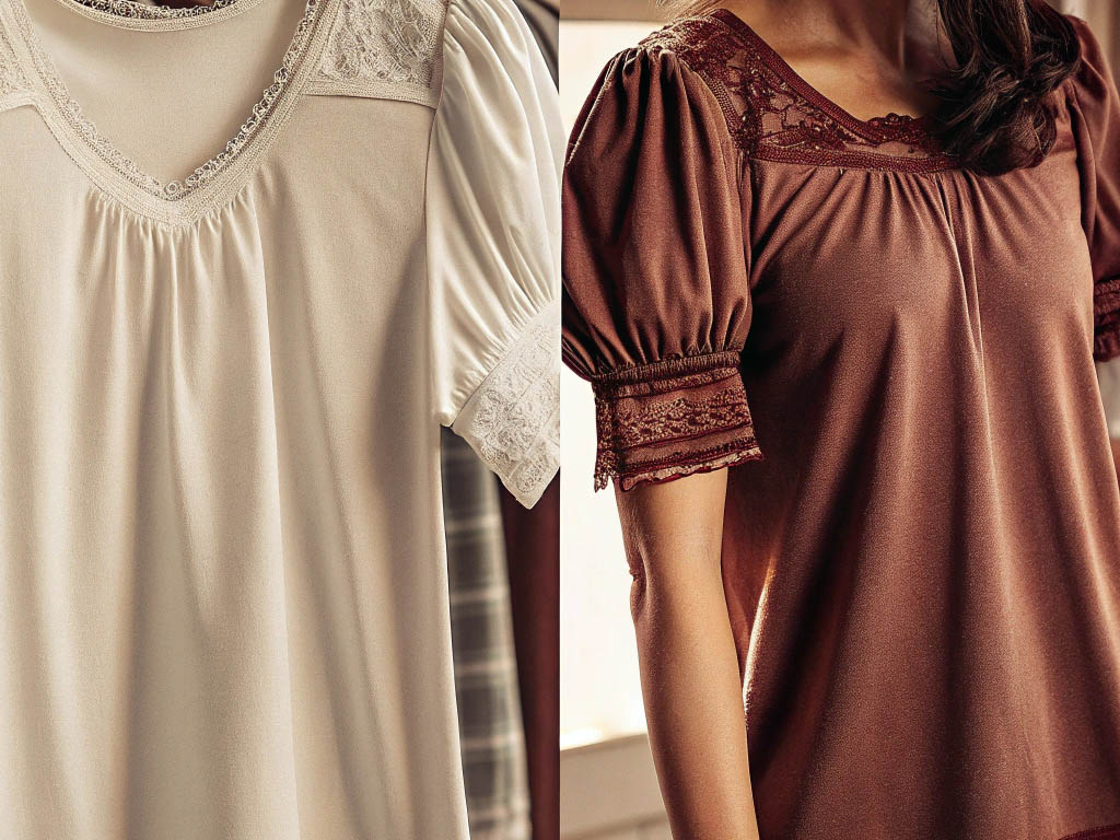 Two soft nightgowns with lace details, one in cream and the other in deep brown, showcasing delicate fabric and vintage-inspired design.