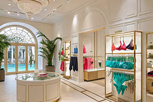 Luxurious store showcasing colorful lingerie and swimwear.