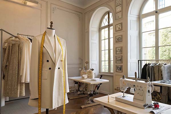 A well-lit tailor studio with a mannequin in a white blazer, a sewing machine, and garments on racks.