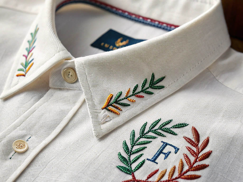 Close-up of a white linen shirt featuring colorful embroidered leaf patterns and an initial monogram.