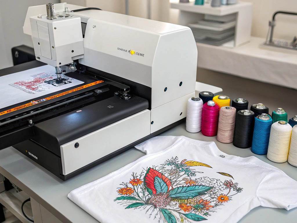 An embroidery machine stitching a colorful floral design on a white T-shirt, surrounded by spools of thread in various colors.