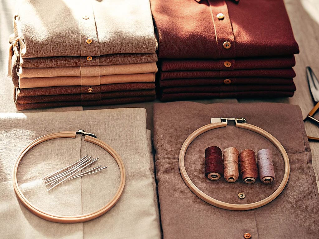 Stacked brown and beige shirts with embroidery hoops, needles, and matching thread spools on fabric.
