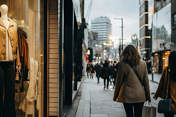 People shopping along city street with illuminated stores.