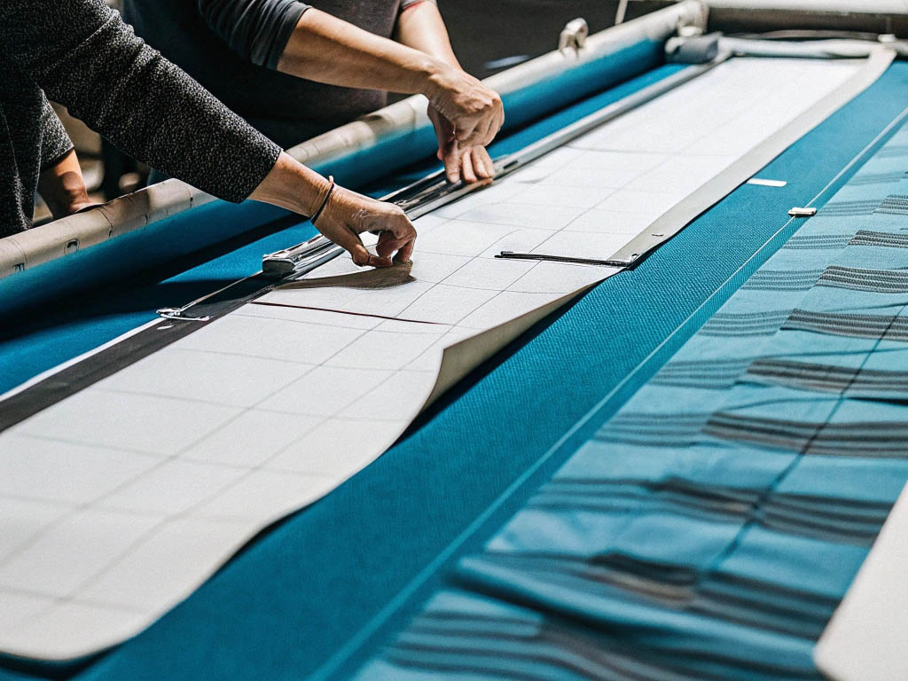 Workers aligning and cutting fabric using a pattern template on a textile production table.