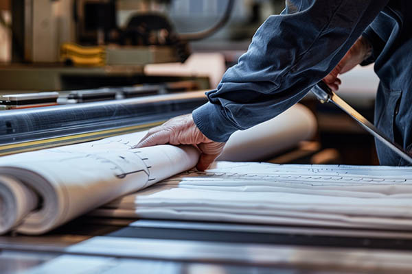 Worker handling large rolls of fabric patterns in a textile factory, preparing for automated cutting.