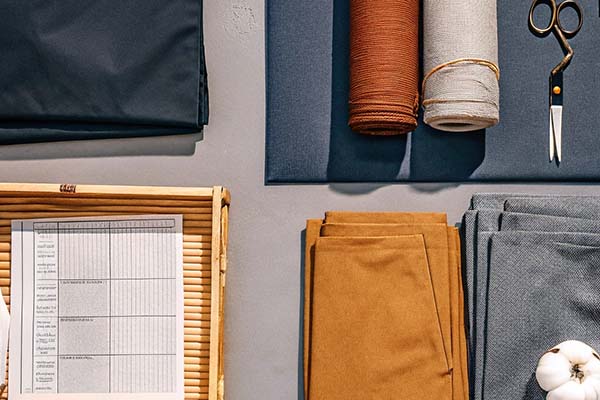 Rolled and folded fabric samples, scissors, and a production sheet on a table for textile manufacturing preparation.