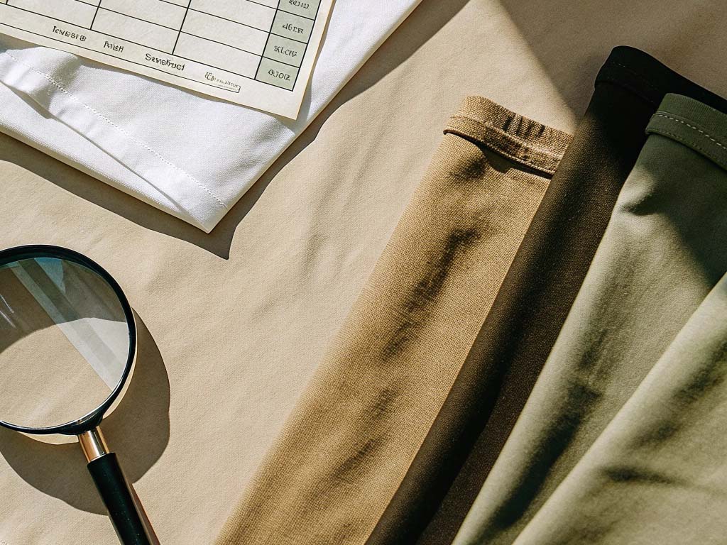 Various fabric swatches in neutral tones, a folded white shirt, a magnifying glass, and a material specification sheet under sunlight.