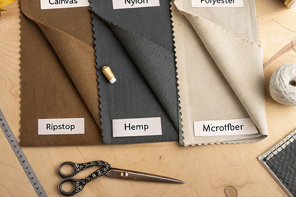 Various fabric samples labeled canvas, nylon, polyester, and hemp on a wooden table with scissors and thread.