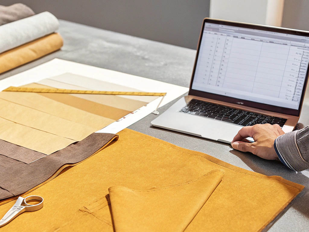 A designer working with fabric swatches and a laptop, analyzing material colors and textures for fashion production.
