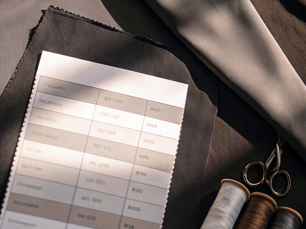 Black and gray fabric swatches, a textile specification sheet, scissors, and sewing threads in neutral tones.