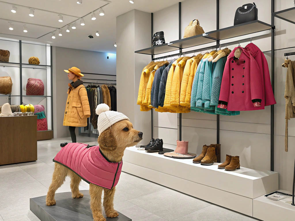 A stylish clothing boutique featuring colorful winter coats and a dog mannequin dressed in a pink vest and white knit hat.