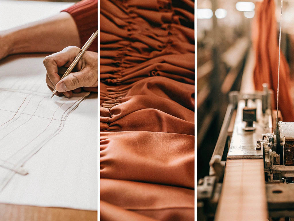 Triptych showing sketching, fabric details, and sewing machine in garment production.