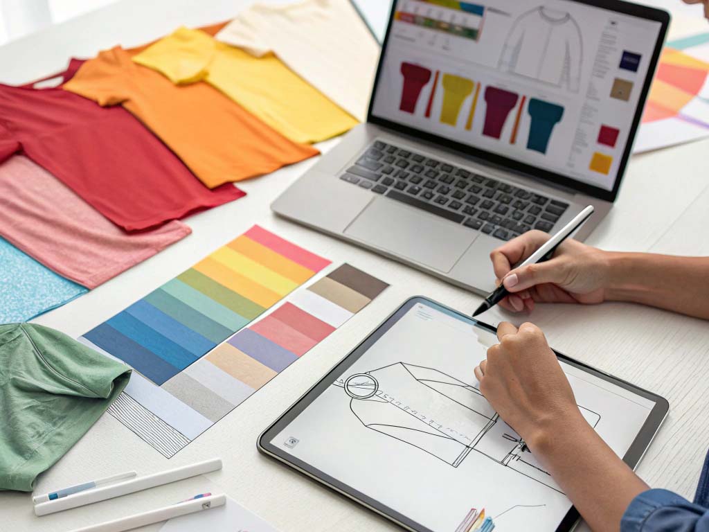 Designer sketching clothing on a tablet, with fabric samples, color swatches, and a laptop.