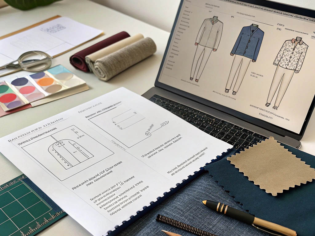 Fashion design workspace with sketches, fabric samples, color swatches, and a laptop displaying clothing designs.