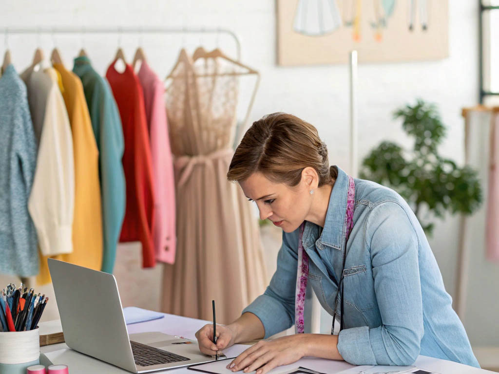 Female fashion designer sketching at a desk with a laptop, fabric samples, and clothing rack in the background.