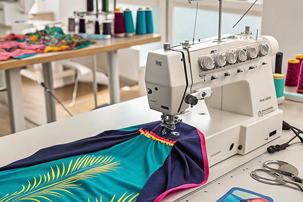 Industrial sewing machine with colorful fabric and thread spools.