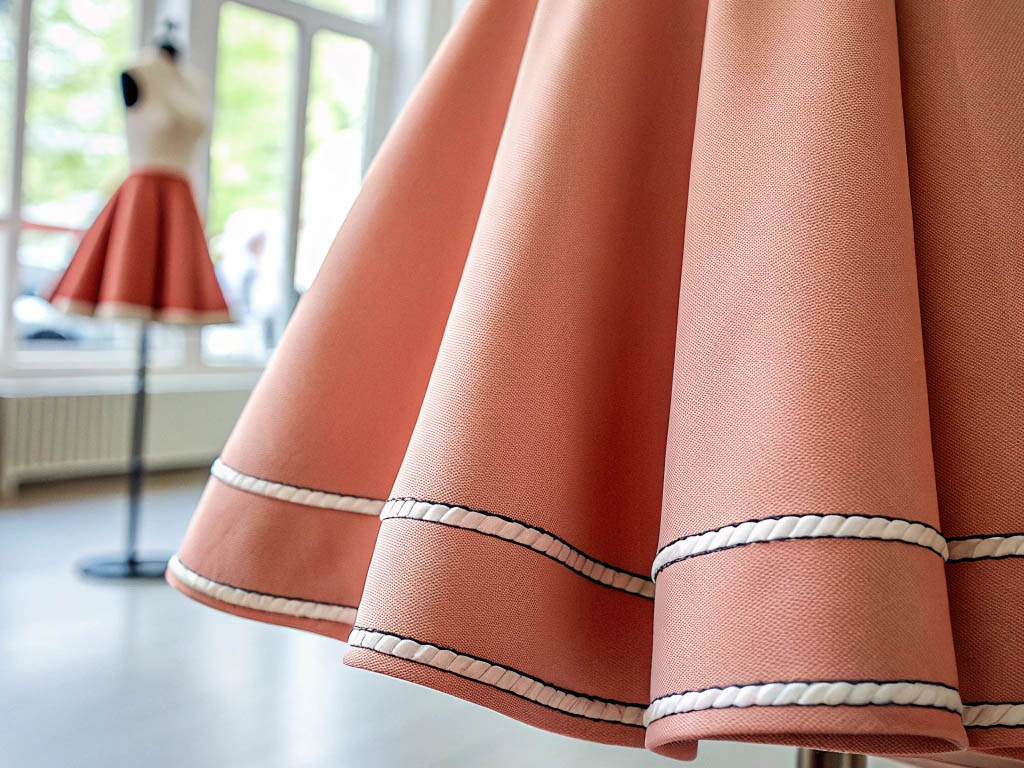 Close-up of peach flared skirt with braided hem accents.