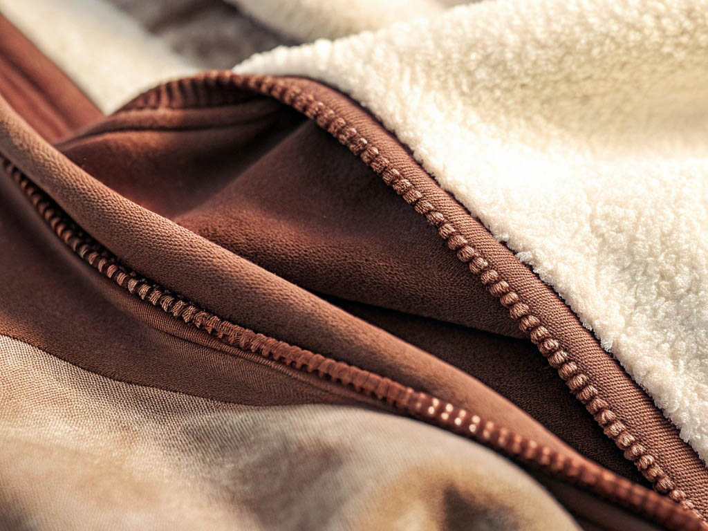 Close-up of brown zipper with soft white fleece lining.
