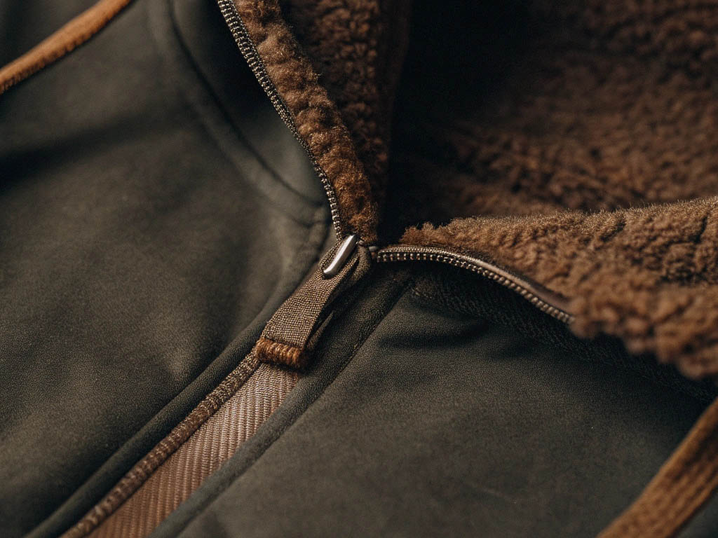 Dark green jacket with brown fleece lining, sturdy zipper, and soft outer fabric.