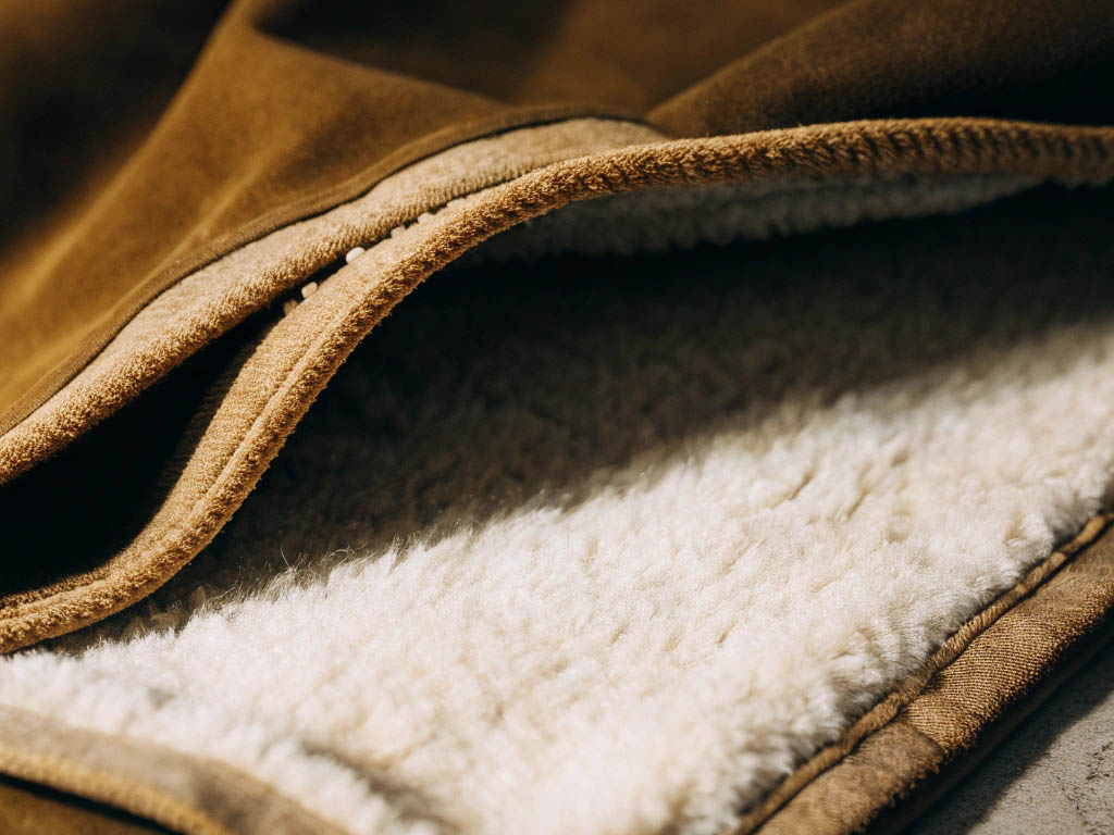Close-up of a brown jacket with soft, white fleece lining and durable stitching.