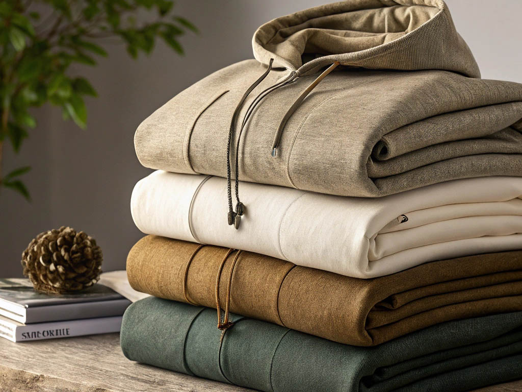 Neatly stacked hoodies in earth tones, including green, beige, and white, on a wooden table.
