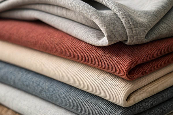 A neatly stacked pile of fabrics in gray, rust, beige, and navy, showcasing different textures and materials.